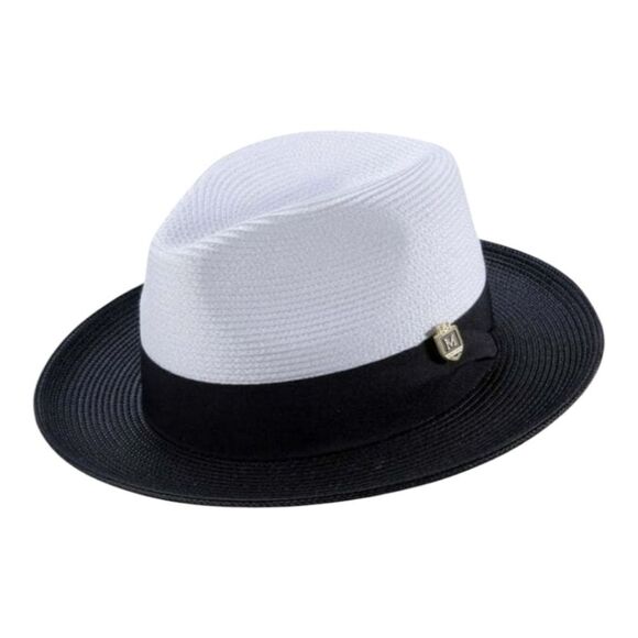 Montique Plum Two Tone Braided Pinch Fedora Hat H-68  MONTIQUE BLK TWO-TONE WIDE BRIM W/MATCHING GROSGRAIN RIBBON STRAW FEDORA HAT H47